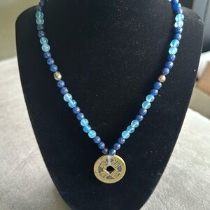 Gorgeous 16” Chinese coin necklace beaded with blue lápiz, freshwater pearls.